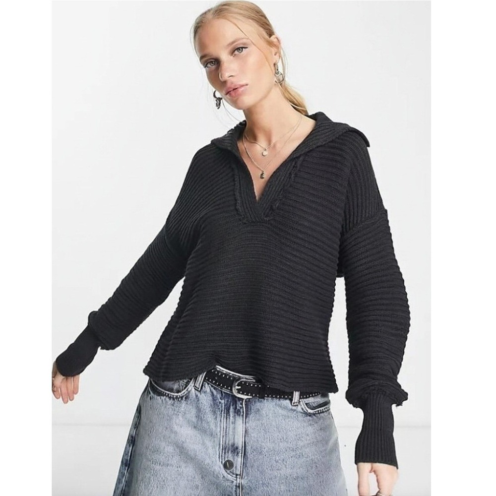 Free People Marlie Ribbed Pullover Sweater Black Deep V Oversized Fall Cozy S